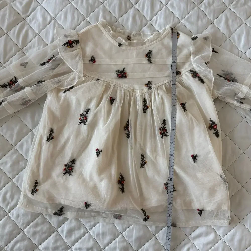 Zara Girls Embroidered Mesh Blouse Size 6 (116) Ivory Floral Tiered Sleeve Sheer
